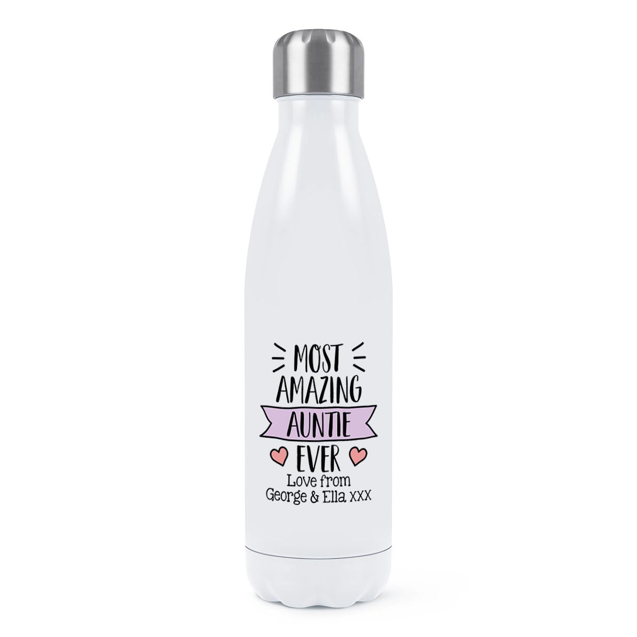 Personalised Most Amazing Auntie Ever Love from Double Wall Water Bottle Insulated Stainless Steel Sports Drinks 500ml White