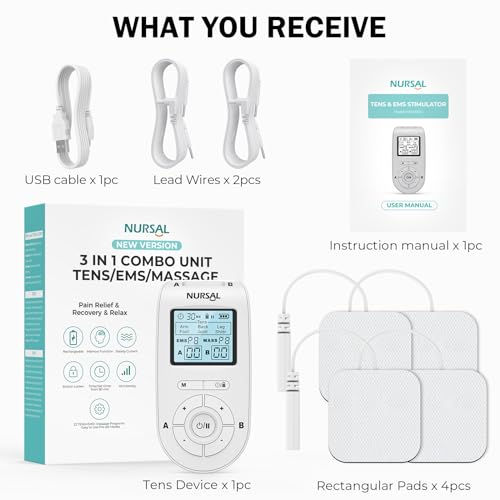 NURSAL 3-in-1 Tens Unit Muscle Stimulator Machine, Dual Channel Electronic Pulse Massager, Tens EMS Machine with 40 Intensities for Gradual Pain Relief Therapy