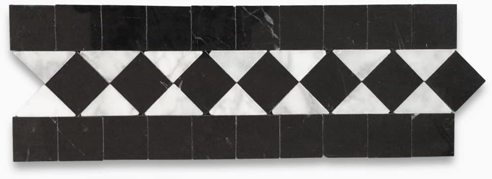 Carrara White Marble Classic Diamond Mosaic Border Listello Tile Black Edge Polished Kitchen Bath Wall Floor Backsplash Shower (1 Sheet)