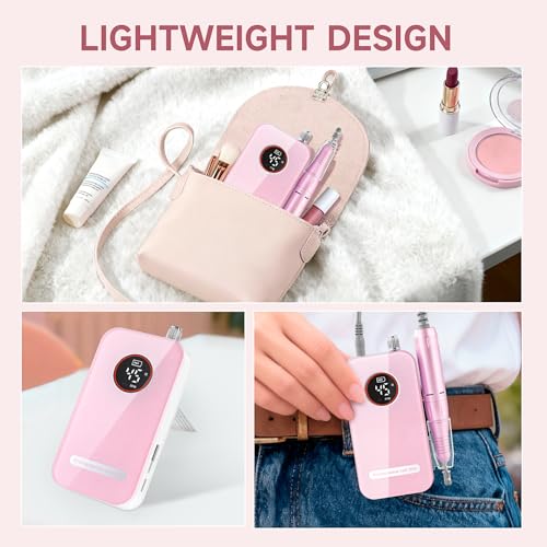 Professional Nail Drill Electric File 45000RPM, Portable Rechargeable Electric Nail File with 11 Drill Bits & 50 Sanding Bands, Low Noise Nail Drill Kit for Acrylic Gel Nails, Salon & Home Use, Pink
