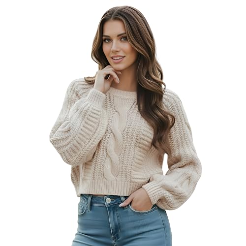 Grewear Womens Cropped Cable Knit Sweater Soft Long Sleeve Crewneck Pullover Casual Cozy Knit Top for Fall Winter Outfits Gift for Women Oatmeal-XS