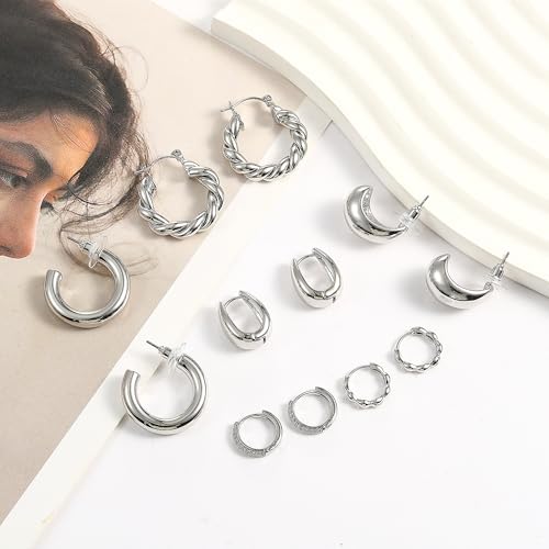 ALLHOLA Silver Hoop Earrings for Women, 6 Pairs 14k Gold Plated Huggie Hoops Earrings Set Hypoallergenic, Lightweight Chunky Twisted Hoop Earrings for Women Trendy Jewelry Gifts. (B-silver earrings) — view 5