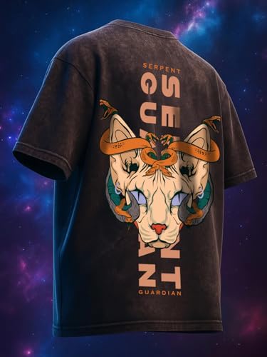 Image of Veirdo Heavy GSM Pure Cotton Men's Graphic Print Oversized Fit Half Sleeve Round Neck Cotton Acid Wash Print T-Shirt in Different Colors with Sizes ranging from S to 2XL.