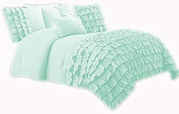 3 Piece Egyptian Cotton Waterfall Half Ruffle 800 Series Duvet Cover Set 1 Duvet Cover + 2 Pillowcases Comfort, Care and Cozy Set, Aqua Blue, Full