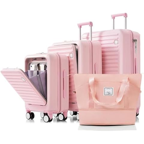 LIHETE Luggage Set, Trolley Case, Suitcase, 4-piece Hardshell Suitcase, Travel Bag, Cup Holder, USB Port, Front Opening, Universal Wheels, (20/24/28), Pink Cover