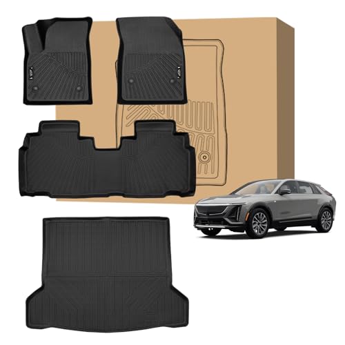 PELEUS Floor Mats for Cadillac Lyriq 2023 2024 2025 2026, All-Weather TPE Car Liners for Cadillac Lyriq Accessories, Custom Fit 1st & 2nd Row Floor Mats and Cargo Trunk Liner Set, Black