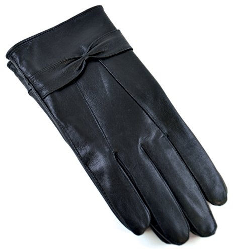 RJM Ladies Lined Black Sheepskin Leather Gloves With Bow Size M/L