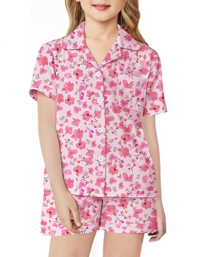 Image of Arshiner Girls Pajamas Sets Short Sleeve Kids Pjs Button Down Sleepwear