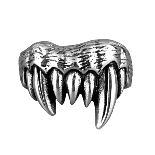 TUNWIN Men's Beast Monster Teeth Ring Stainless Steel Punk Hip Hop Personality Jewelry for Boyfriend Biker, Silver