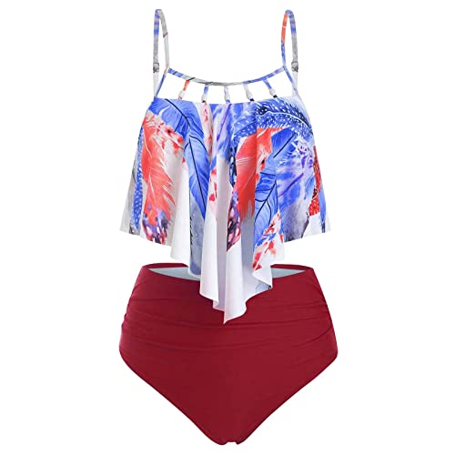 Haut de maillot de bain imprimé rouge anti-complexes avec jupe de bain L