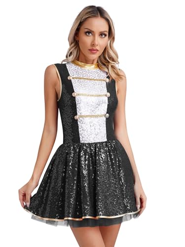 JEATHA Disfraz de Domadora Circo para Mujer Maillot Lentejuelas de Danza Vestido de Fiesta Carnaval sin Manga Disfraz Circo Fiesta Carnaval Cosplay Negro S