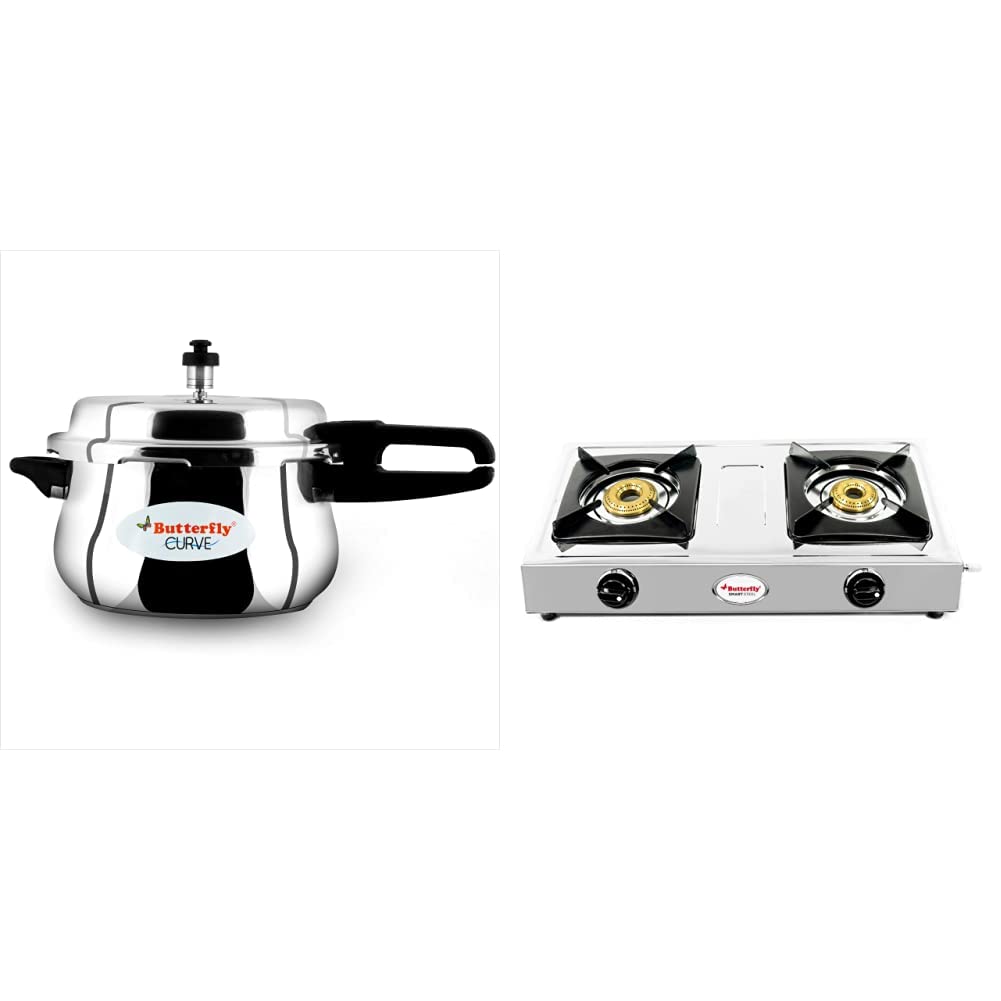 Butterfly Smart Stainless Steel 2 Burner Gas Stove, Manual Ignition, Sliver & Curve Stainless Steel Pressure Cooker, 5.5 Litre