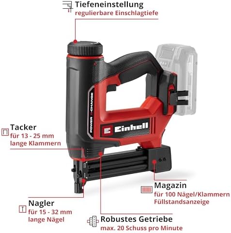 Bild 2 - Einhell Akku-Nagler / -Tacker TE-CN 18/32 Li - Solo Power X-Change (18 V, 20 Schläge/min, max. 25 mm Klammern, max. 32 mm Nägel, inkl. je 300 Klammern & Nägel, ohne Akku)