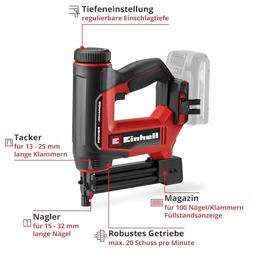 Einhell Akku-Nagler / -Tacker TE-CN 18/32 Li - Solo Power X-Change (18 V, 20 Schläge/min, max. 25 mm Klammern, max. 32 mm Nägel, inkl. je 300 Klammern & Nägel, ohne Akku)