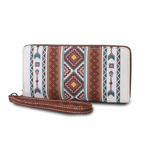 Boho Chic RFID Blocking Wallet – Waterproof Small Travel Wristlet with Geometric Patterns, Zippered Pockets & Card Slots, Perfect Handbag Companion (Beige)