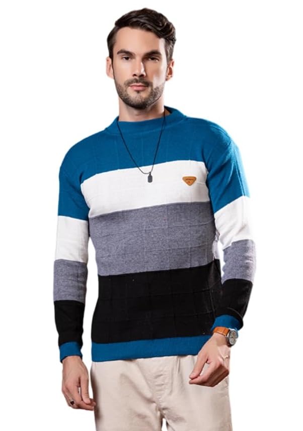 Mens Color Block Regular Fit Round Neck Woolen Sweater for Winter-image-40
