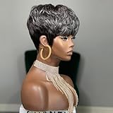 QiaQiaRing 34# Salt and Pepper Gray Human Hair Wig Short Layered Pixie Cut Human Hair Wigs for Women Pixie Cut Wigs With Bangs Glueless Full Machine Made Brazilian Virgin Straight Human Hair (1b/60)