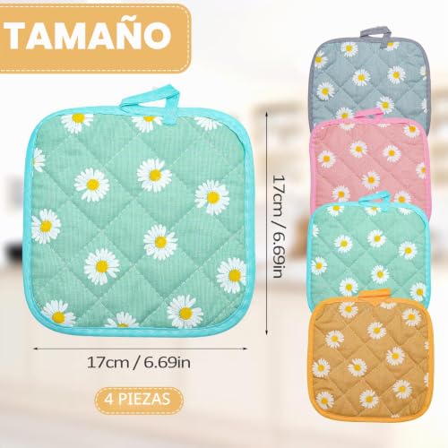 Miniatura 3 de Set De 4 Agarraderas De Algodón 17x17cm, Guantes De Cocina Cuadradas En Algodón Y Lino Resistentes Al Calor 100 C, Manoplas Horno Y Agarradores Cocina Decorativos Con Diseño De Margaritas, Pot Holder