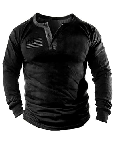 Mens Vintage Henley Shirts Relaxed Fit Patriotic Shirts Long Sleeve Button Down T-Shirts