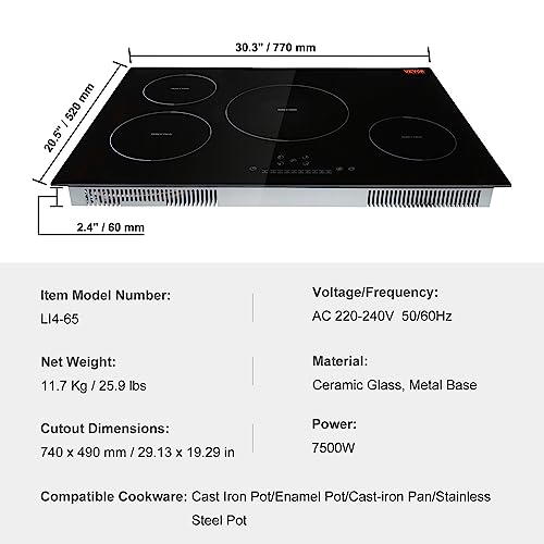 Vevor ELECTRIC COOKTOP 4 BURNERS 30 Electric Cooktop, 4 Burners, 30'' Induction Stove Top, Built-In Magnetic Cooktop 7500W, 9 Heating Level Multifunctional Burner, Led Touch Screen W/Child Lock & Over-Temperature Protection thumb #6