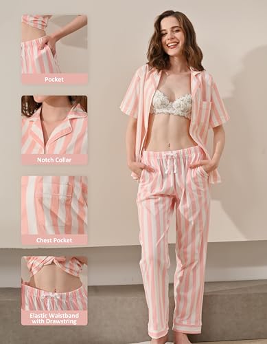 Image of NAP BOUND 100% Cotton Women Pajama Sets Button Down Short Sleeve Sleepwear Soft Pjs 2 Piece Lounge Set with Pocket XS-XXL