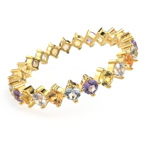 AMORAMOR & FOREVER Dainty Eternity Stackable Ring for Women – 14K Gold Plated Thin Rainbow Band with Colorful Cubic Zirconia, Cute CZ Wedding Ring