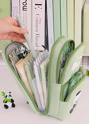 Image of Canvas School Bag Pencil Case, 3 Layer 6 Compartment Large Capacity, Aesthetic Pencil Pouch for Stationary, Cute Stationery for Kids, Pencil Case for Girls & Boys (Green)