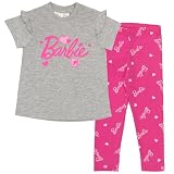 Barbie Girls 2-Piece Graphic Tees & Pants Set - Casual Short Sleeve T-Shirt and Leggings Outfit Bundle for Kids (Gray/Pink, Size 5)