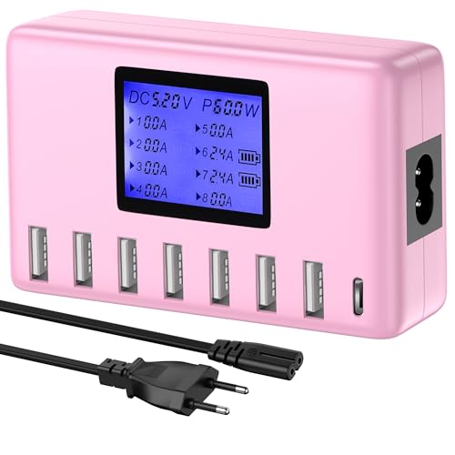 USB Ladegerät, 60W 8 Ports USB Ladestation 12A USB C Ladegerät mit LCD Display für mehrere Geräte, USB C Hub Ladegerät für iPhone iPad Android Samsung Huawei Tablet Kindle