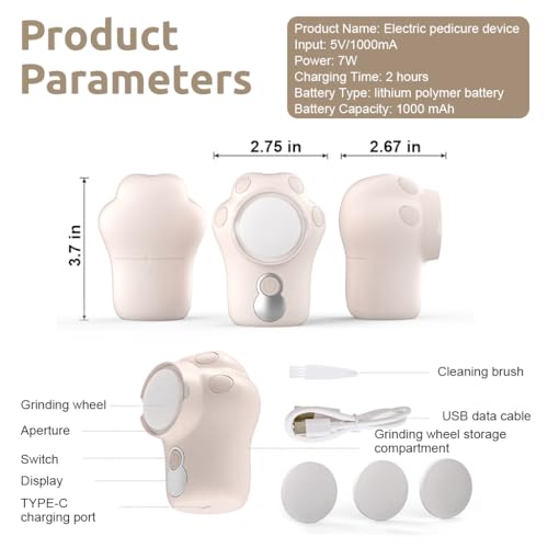 Image of HANNEA Electric Foot Callus Remover 3 Speeds USB Rechargeable Feet Scrubber Dead Skin Remover Cute Electric Foot File with 3 Interchangable Grinding Pads Travel