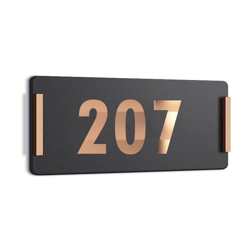 Image of HOTEL ROOM NUMBER PLATES - 207| Black acrylic board fixed mirror gold number | Easy installation type double sided tape fixed on backside