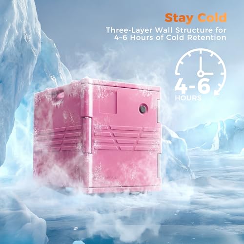 Image of CAMMOO Pink 82QT Non-Electric Hot Box Food Warmer with Wheels, 304 Stainless Steel Latch, Insulated Food Carrier for 5 Full-Size Pans(NOT Included), Food Warmer Box Hot Boxes for Catering