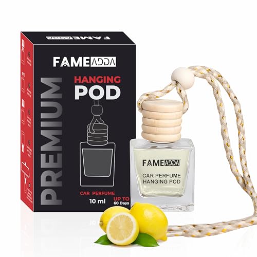 FAMEADDA 10 ML Premium Lemon Car Perfume Hanging Pod/Car Air Freshener/Natural Fragrance Oils in Glass Bottle with Wooden Diffuser Lid/Last Upto 60 Days