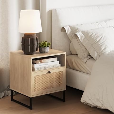 Nathan James Mina Rattan Wood End Side Accent Table Nightstand with Storage for Living Room or Bedroom, 1, Oak/Black Cover