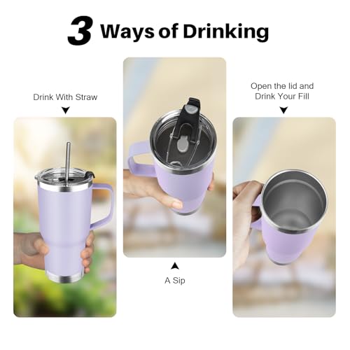 Image of 20 oz Tumbler with Handle, Stainless Steel Insulated Tumbler with Lid and Straw, Double Wall Vacuum Coffee Mug Tumbler, Insulated Coffee Thermal Cup for Cold and Hot (Light Purple)