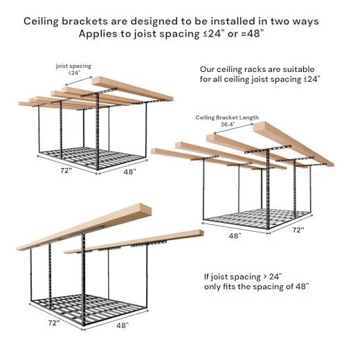Image of SunsGrove 4x6 Overhead Garage Storage Rack Organization, Adjustable Ceiling Mounted Storage Racks, 800LBS Weight Capacity, 22 inch-40 inch Ceiling Dropdown, Hammertone Black