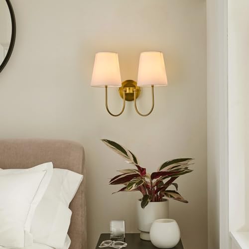Image of White Fabric 2 Light Wall Sconce | Hardwired, Double Headed, Cloth Shade, For Bedroom, Bathroom & Hallway, Direct Wire