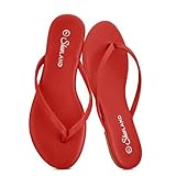 Shoe Land Flip Flops for Women – Memory Foam Flat Sandals with Vegan Leather | Lightweight Summer Slides for Beach, Travel & Everyday Wear | Non-Slip Comfort Sandals,Red, Size 8.0, Falema