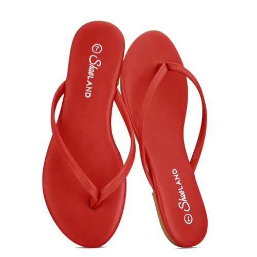 Shoe Land Thong Flip Flops for Women, Memory Foam Flat Sandals, Lightweight Summer Slides, Non Slip Comfort Sandals for Beach, Travel and Everyday Wear,Red, Size 9.0, Falema