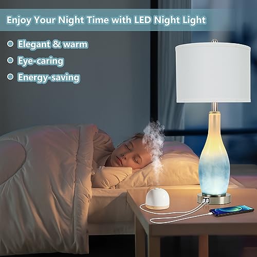 BesLowe 26in Tall Glass Table Lamps Set of 2 with 2 USB Charging Ports & LED Nightlight, Large Coastal Table Lamps for Living Room End Table, Modern Beach Lamps for Bedroom Bedside Nightstand, Blue - Image 3