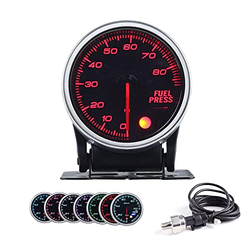 Fuel Pressure Gauge Car 2-1 16  52mm 7 Color Meter 0-80 PSI with Press Alarm, Includes Electronic Sensor and Stepper Motor