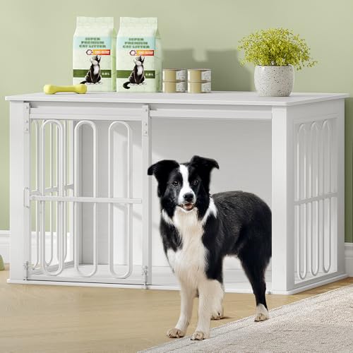 HEXCELEN Hundekäfig-Möbel aus Holz, 100 cm Hundebox für Zuhause, Hundekäfig mit 2 Türen, Schiebetüren, für Kleine, Mittlere Hunde, Robuster, Beistelltisch, 100 x 60 x 62,4 cm, Weiß