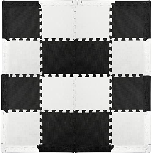 Deayou 16 Tiles Interlocking Foam Mat Floor Tiles, 0.4" Thickness Eva Foam Puzzle Mat With Borders, Soft Protective Exercise Padding Mats For Fitness, Children, Play, Gym, 12" X 12", Black And White #TOP4