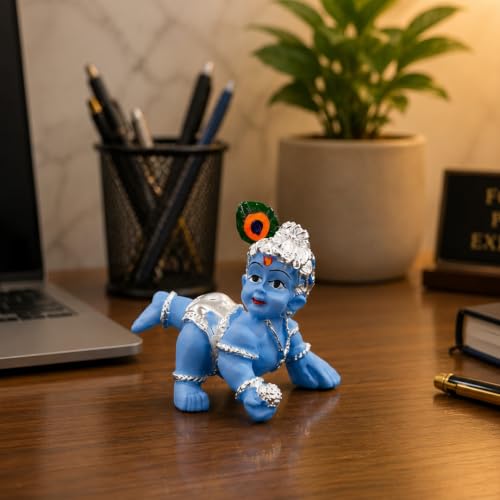 Image of Gold Art India 999 Silver Plated Blue Laddu Gopal Idol | Premium Velvet Gift Box | Bal Krishna Murti for Home Temple & Office | 2.5 Inch