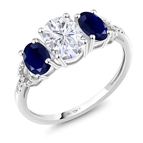 Gem Stone King 10K White Gold Blue Sapphire and Moissanite 3-Stone Engagement Ring For Women (2.02 Cttw, Available In Size 5, 6, 7, 8, 9)