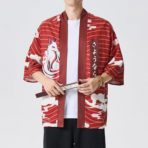 Image of PRIJOUHE Men's Lightweight Kimono Jacket Seven Sleeve Open Front Cardigan Coat Japanese Style Bathrobe