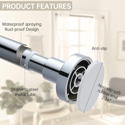 BRIOFOX Shower Curtain Rod Adjustable 18-78 Inch, Stainless Steel Spring Tension Shower Rod No Drilling Non Slip, Chrome