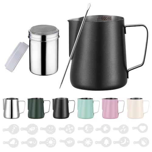 Zuquik Brocca per latte in acciaio inox, 600 ml, barista con misurazione Mark 20oz, bricco per latte con spargicacao, 16 stencil e penna per cappuccino e espresso, nior