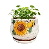 MUZZIOU Ceramic Pots for Plants - 5.12/4.33 inch Cute Plant Pots for Succulents, with Drainage and Saucers for Plants Garden Home Kitchen Office Shelf Decor (Sunflower)
