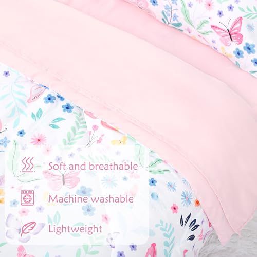 Image of Toddler Bedding Set for Girls 4 Pieces Butterfly, Soft Breathable Toddler Comforter Set, Flower Print, Includes Reversible Comforter, Fitted Sheet and Flat Sheet, Pillowcase